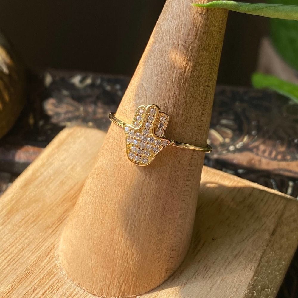 Micro Pave CZ Hamsa Gold 14k Sterling Silver Ring Sizes 6,9